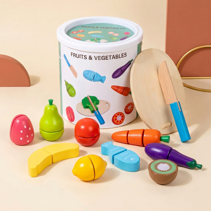 The wooden cutting set arranged with its storage canister, knife and halved foods