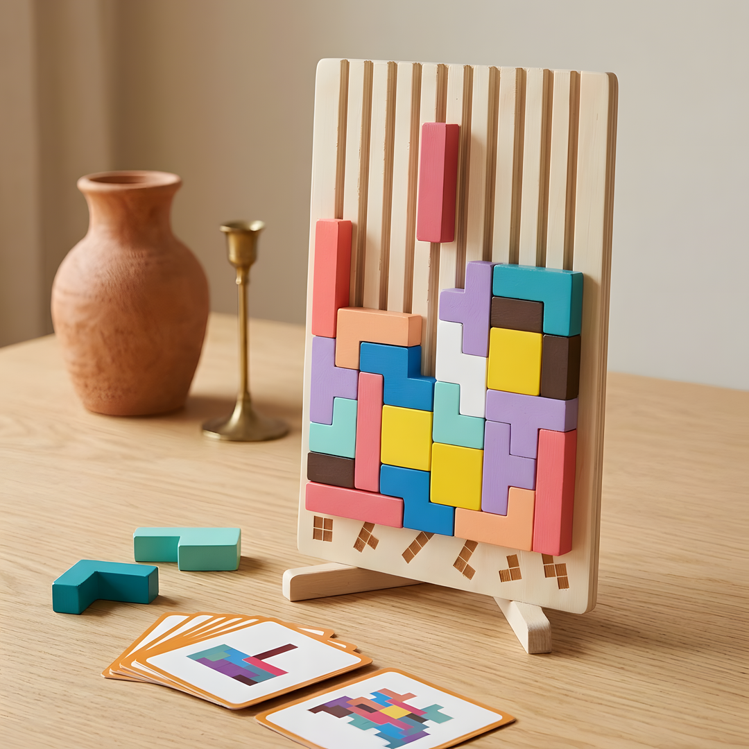 Block Drop puzzle board on an oak table with picture cards, a terracotta vase and a brass candlestick