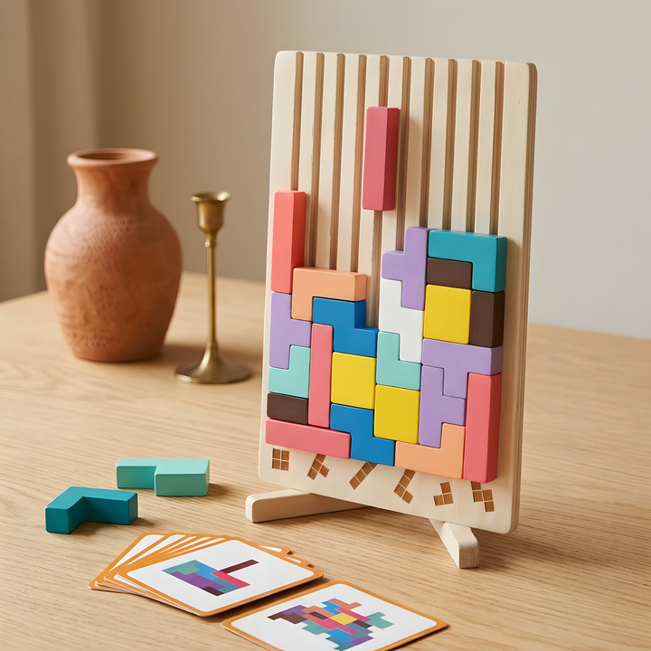 Block Drop puzzle board on an oak table with picture cards, a terracotta vase and a brass candlestick