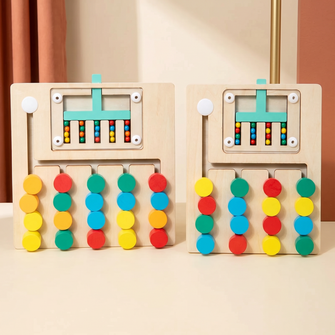 The 4-color and 5-color versions of the wooden color-slide puzzle side by side
