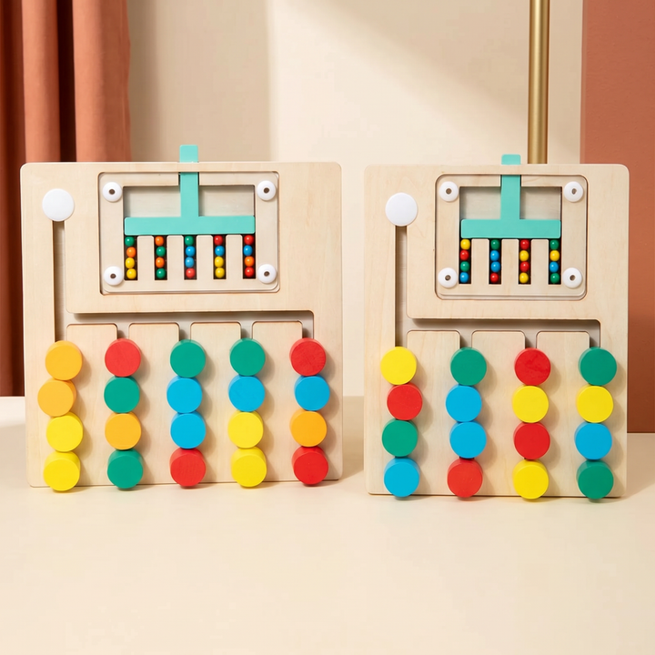 The 4-color and 5-color versions of the wooden color-slide puzzle side by side