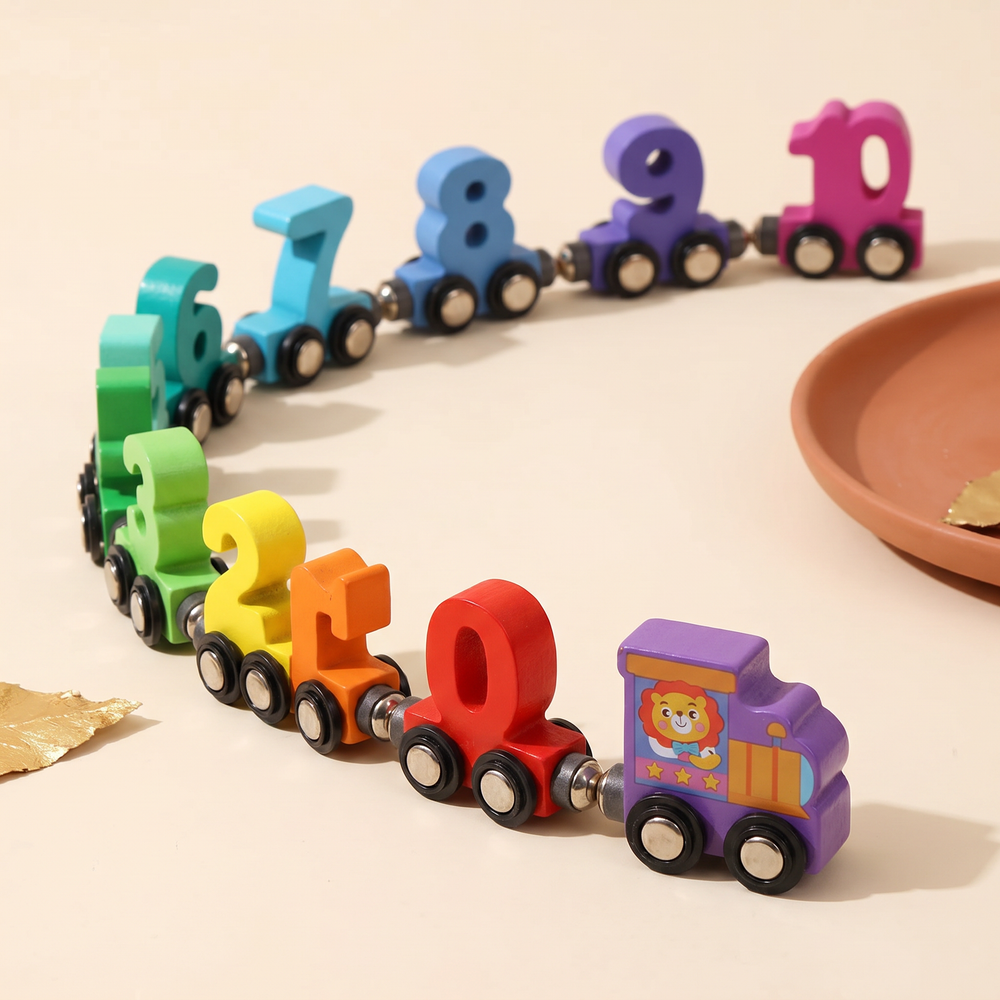 The assembled wooden number train curving away, lion engine pulling the full 0 to 10 line of cars