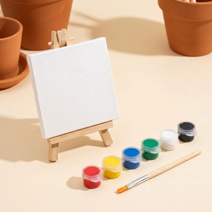 Mini canvas on a natural wood easel with the six-pot paint strip and brush