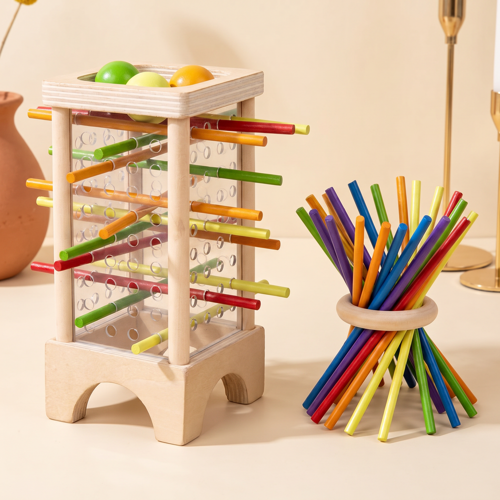 Two games in one - the wooden tower and the flat stick-and-ring balance game