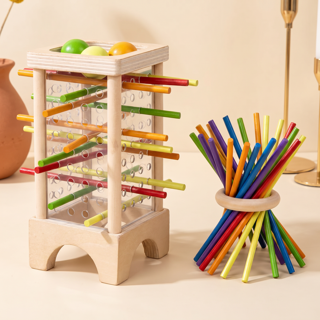 Two games in one - the wooden tower and the flat stick-and-ring balance game
