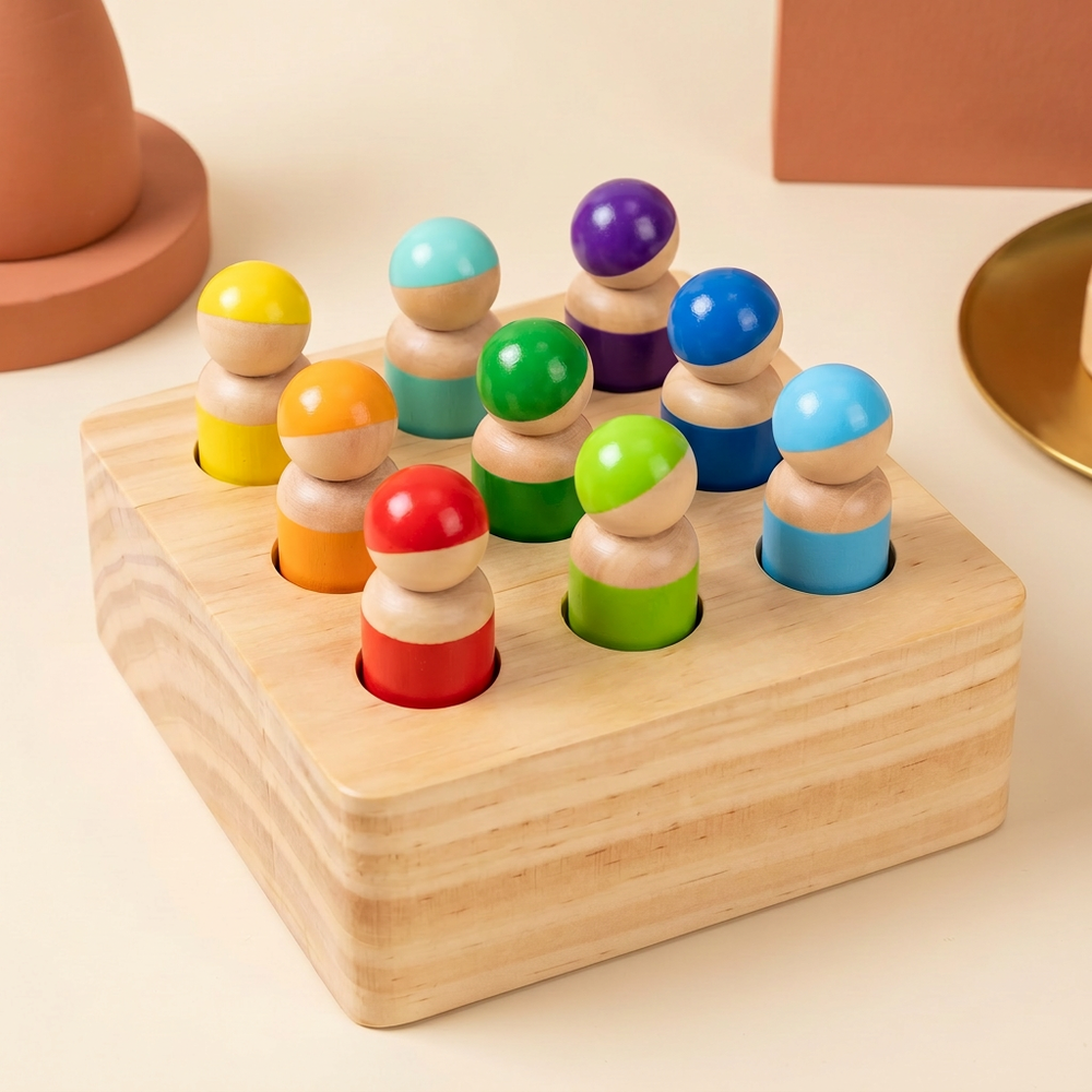 Three-quarter view of the wooden peg board with all nine colored peg people seated