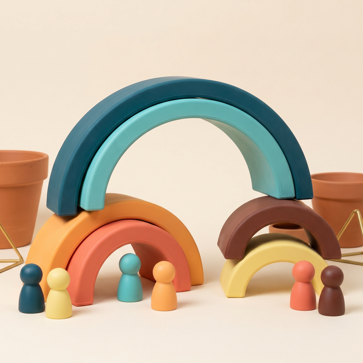Silicone arches rebuilt as a tunnel and bridge with peg dolls walking through