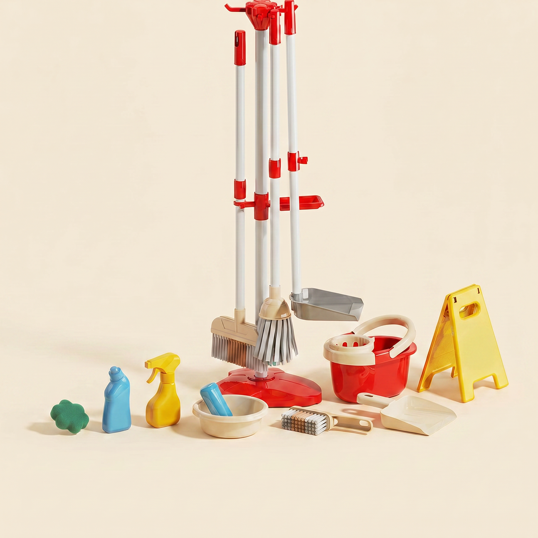 The cleaning set shown two ways - the standing rack with tools hung, and the bucket, basin and accessories beside it