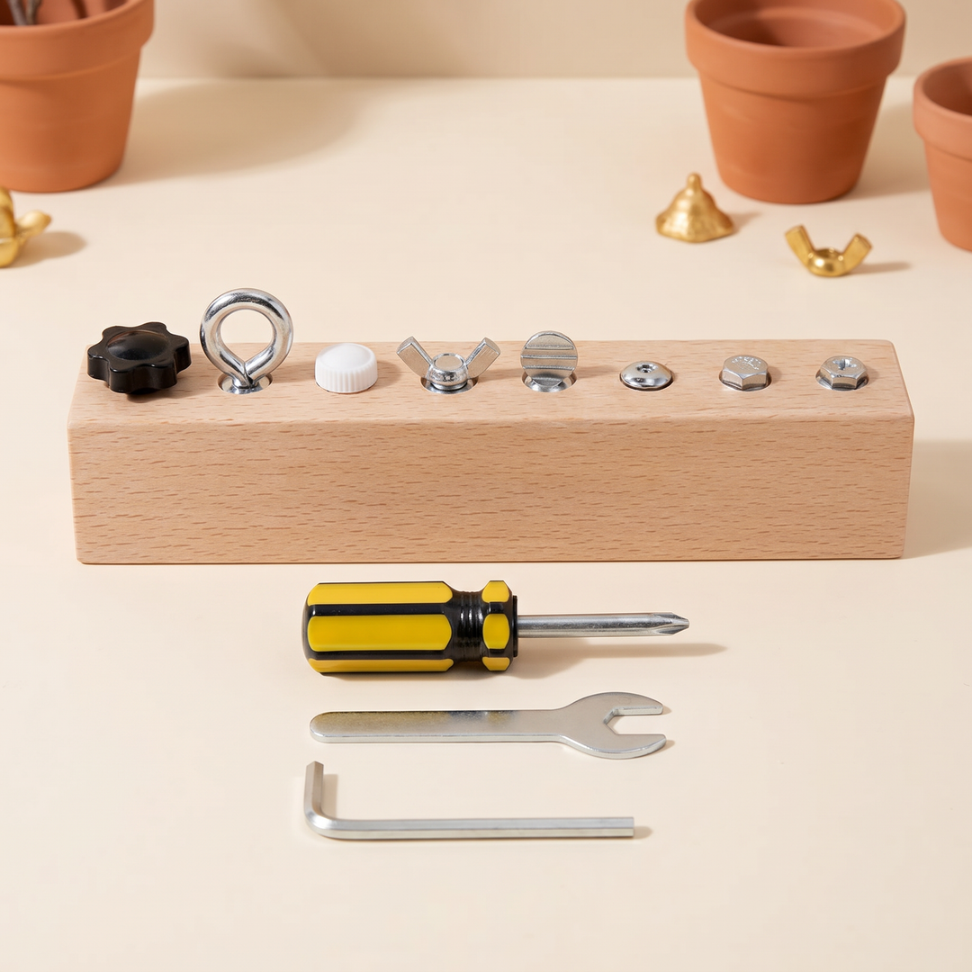 All eight different fasteners in a row on the beechwood board with the three metal tools