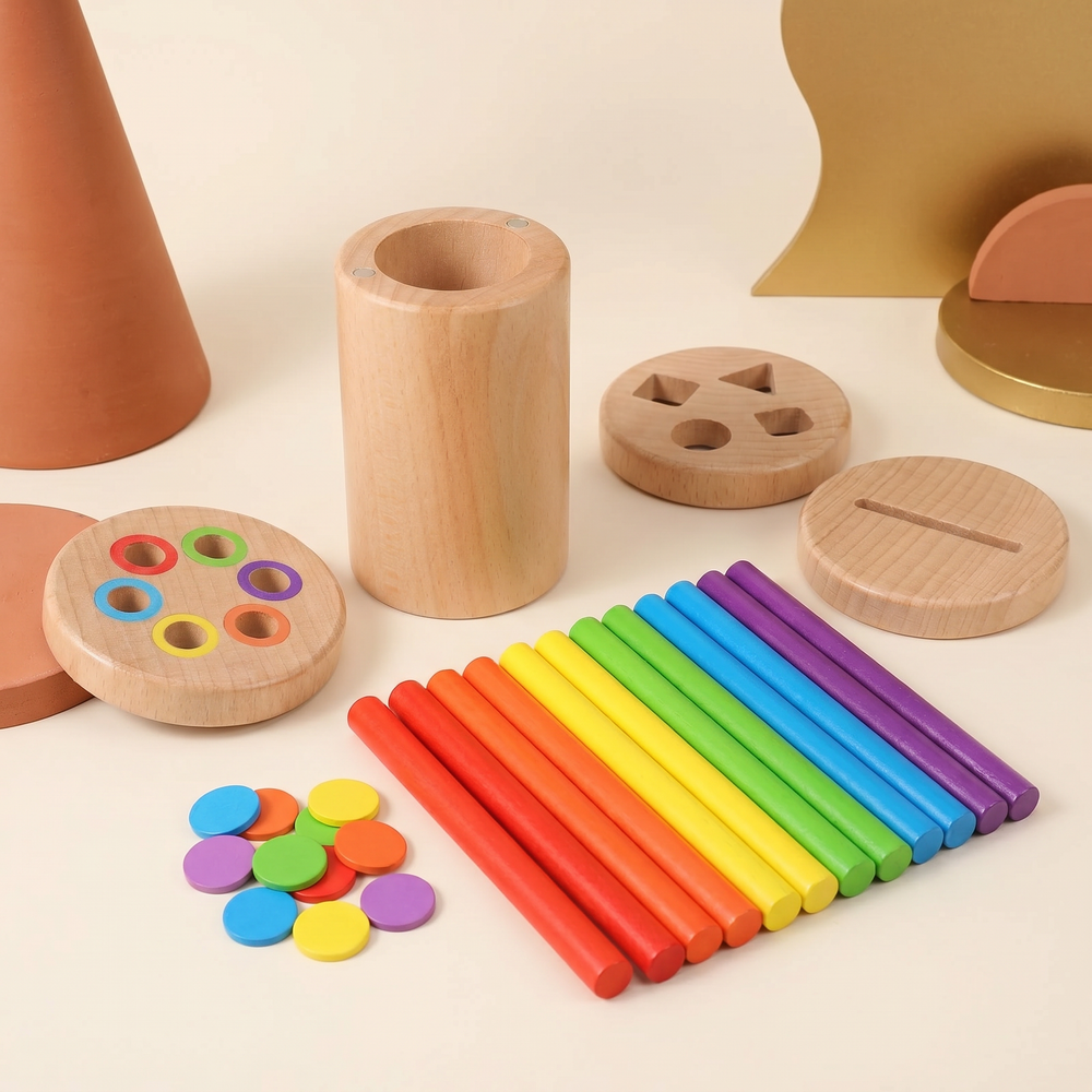 The three swap-in lids - sticks, coin slot and shapes - beside the beechwood cup