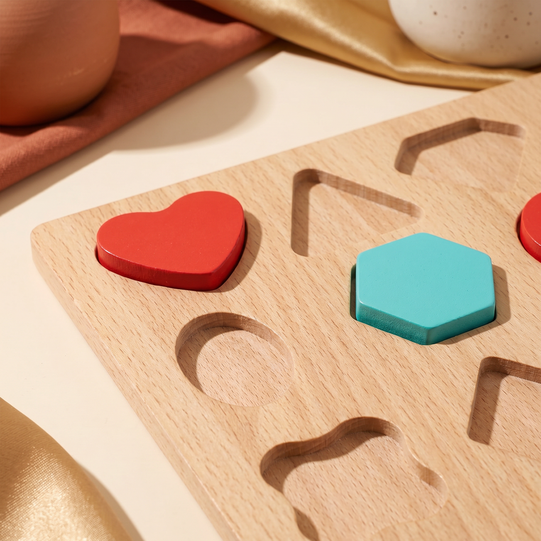 Close-up of chunky painted wooden pieces seated in their cut-out slots on the beechwood board