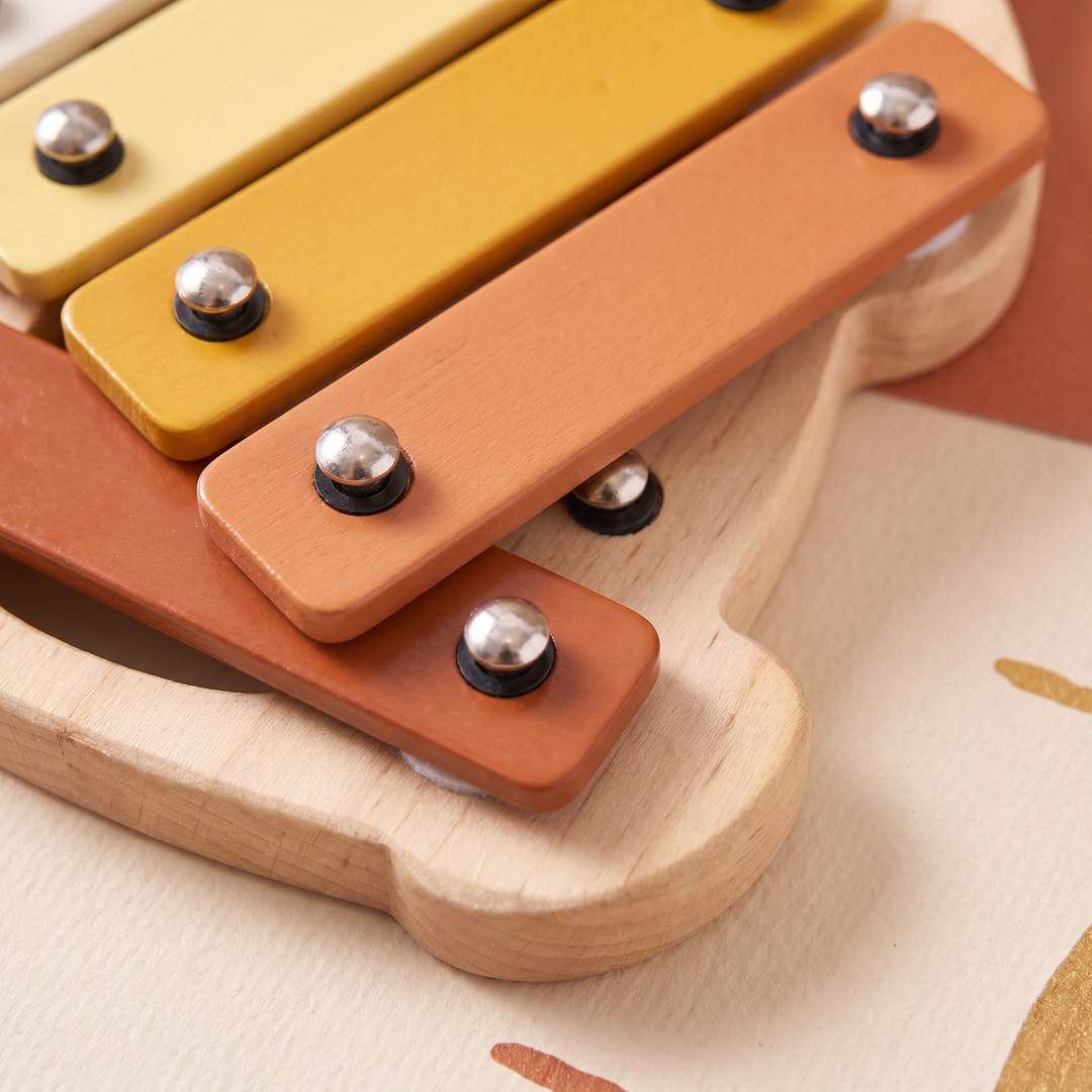 Close-up of the amber, terracotta and rust-brown bars on the beechwood xylophone