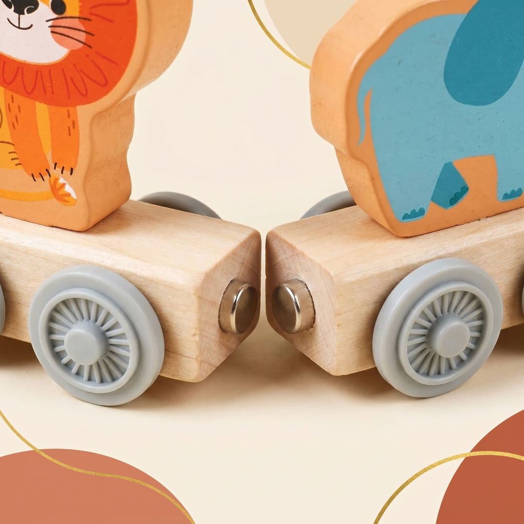 Close-up of two carriage ends snapping together with embedded magnets