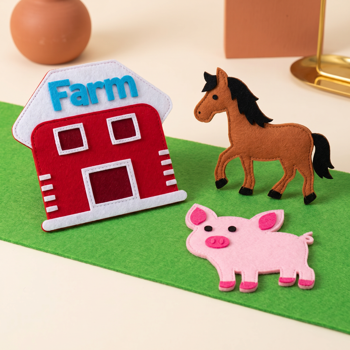 Close-up of felt farm figures - the red barn, a horse and a pig - on the soft green felt board