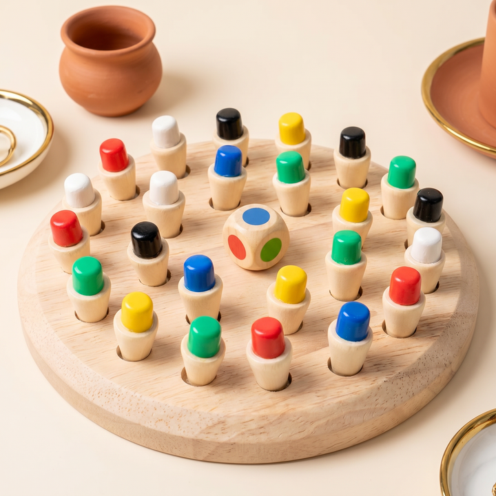 Close-up of the colored peg caps and the matching wooden color die