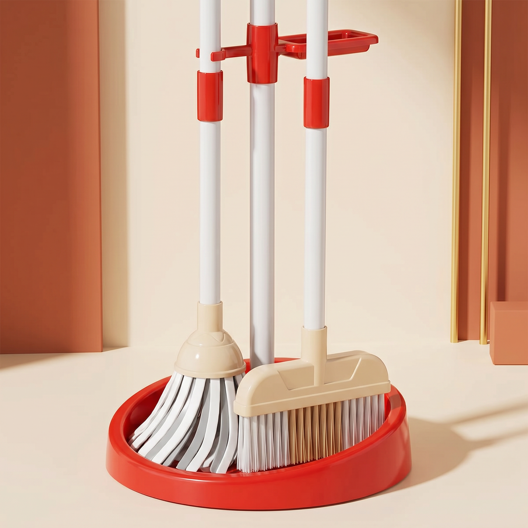 Close-up of the spinning mop head and broom bristles in the red base of the standing rack
