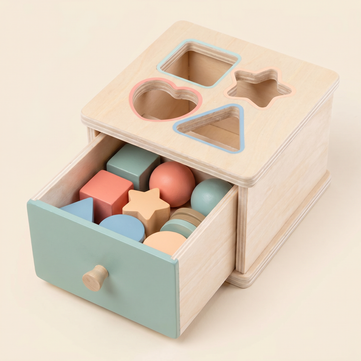 Close-up of the pull-out drawer slid open to reveal the wooden pieces resting inside