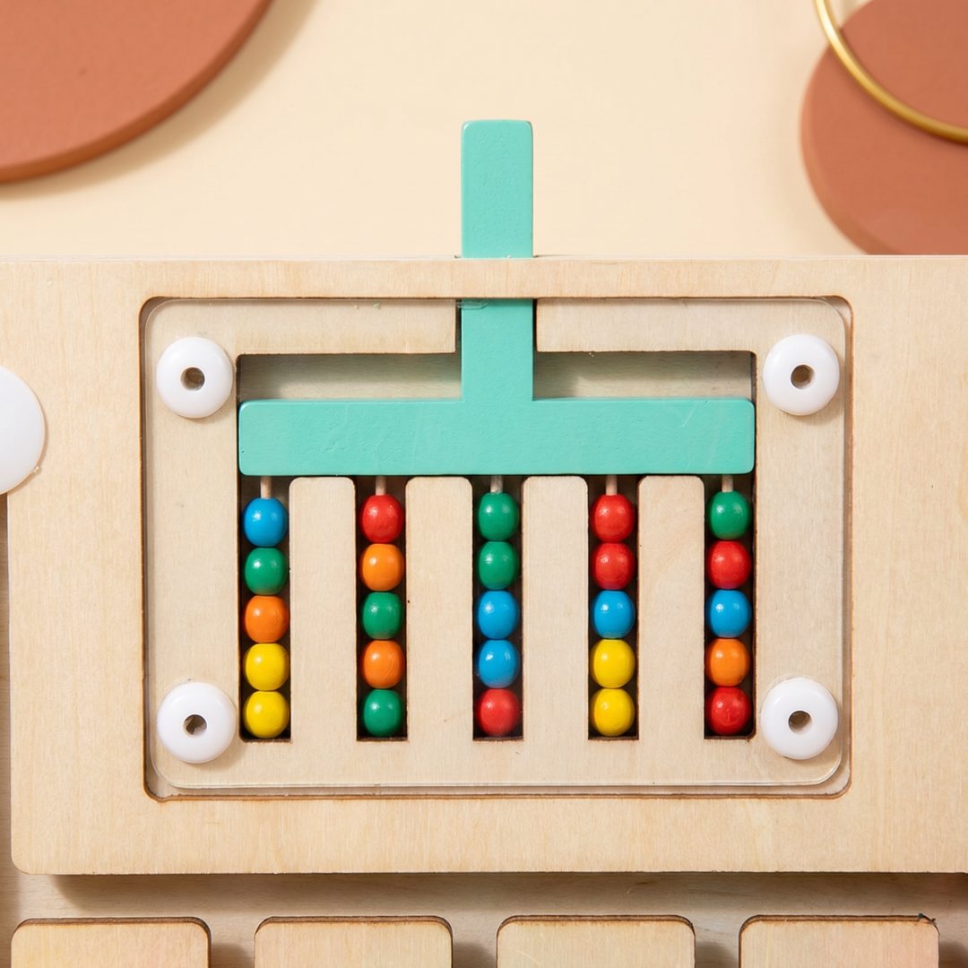 Close-up of the slide lock and rows of colored wooden beads in their channels