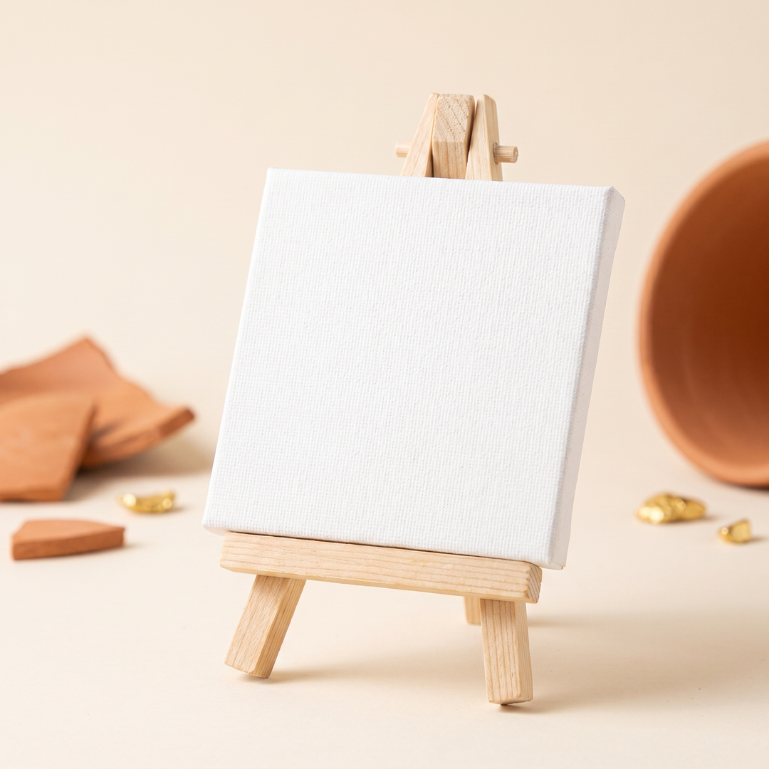 Close-up of the wooden mini easel and blank cotton canvas