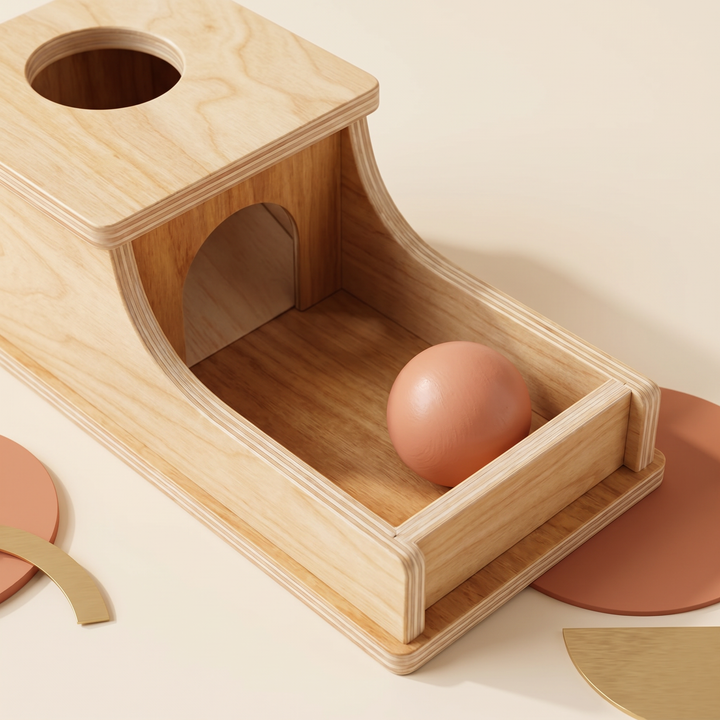 Close-up of the smooth rounded drop-hole and a pastel wooden ball resting on the front tray