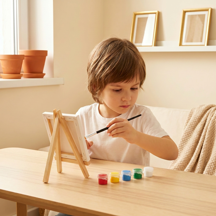 Child painting a tiny canvas at a table
