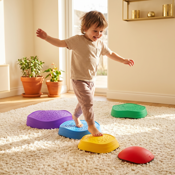Child stepping across the colorful balance stones