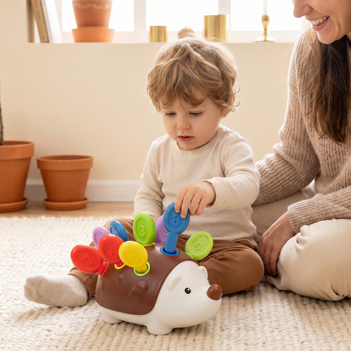 A young child pressing a colored peg into the counting hedgehog