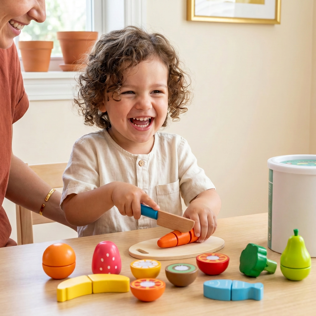 A young child happily slicing a wooden food on the board, pretend-cooking with a parent