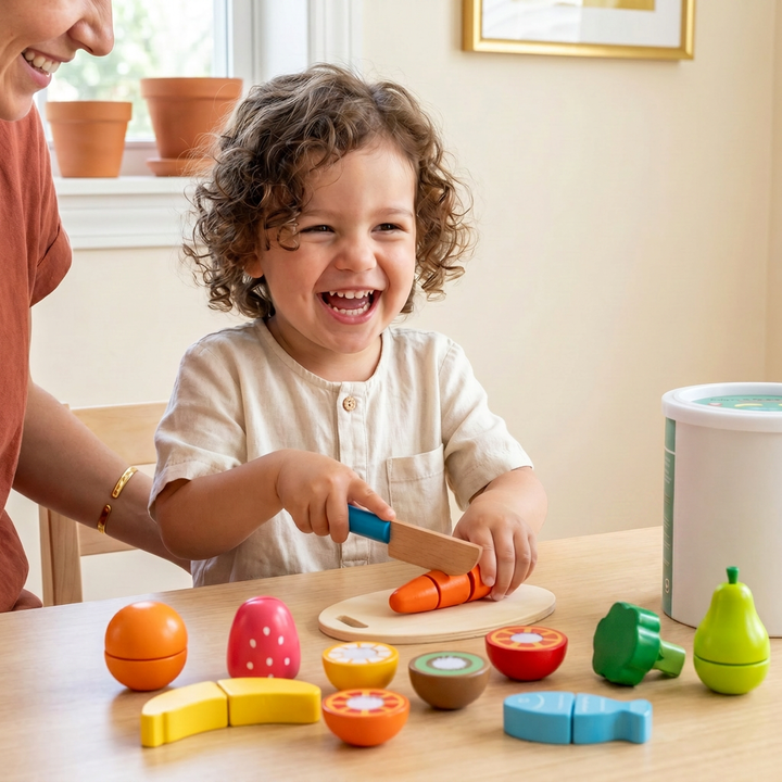 A young child happily slicing a wooden food on the board, pretend-cooking with a parent