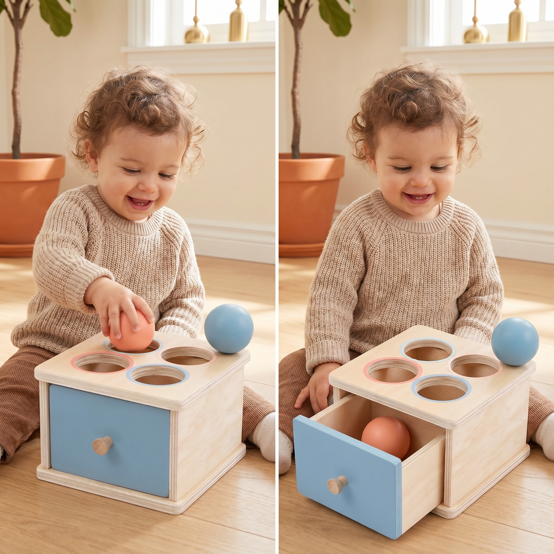 A young toddler dropping a wooden ball into the box and sliding the drawer open to find it