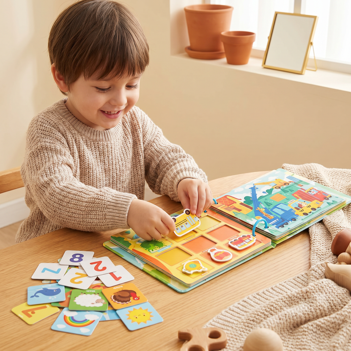 A young child placing a picture card onto its spot in the busy book