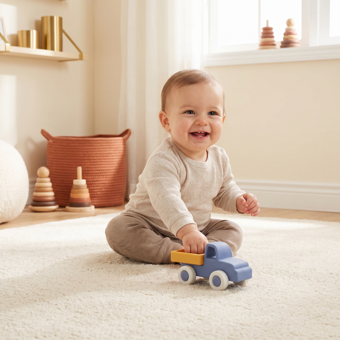 A happy baby pushing a soft pastel silicone toy car along a cream rug