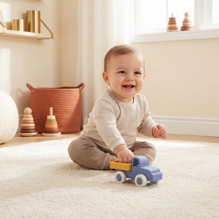 A happy baby pushing a soft pastel silicone toy car along a cream rug