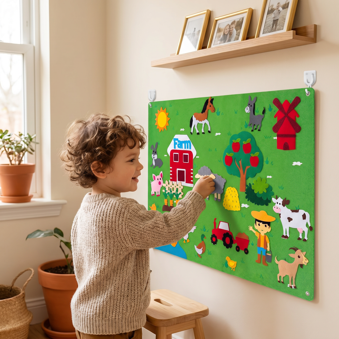 A young child building a farm scene on the wall-hung felt board, pressing on a felt sheep