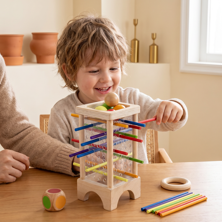 A young child playing the wooden tower game, carefully pulling a stick