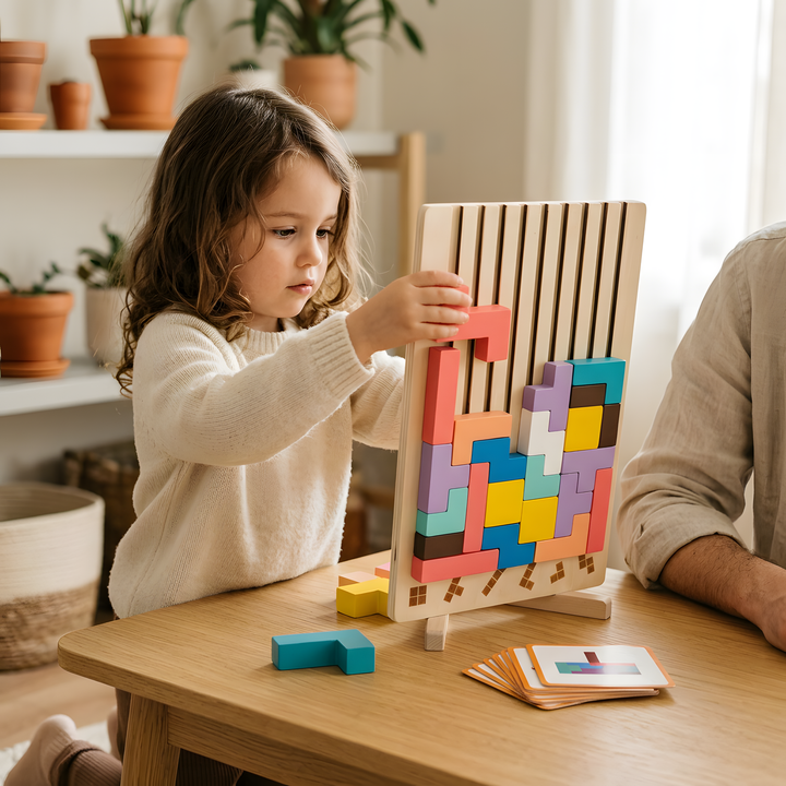 Girl concentrating as she slides a block into the Block Drop board, a parent beside her