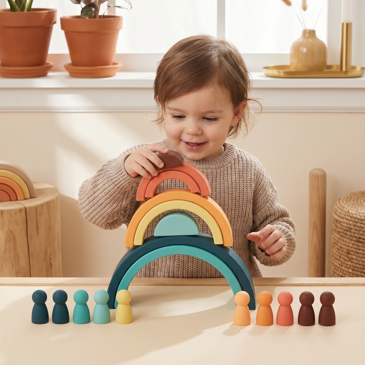 A young child building with the silicone rainbow arches and peg dolls