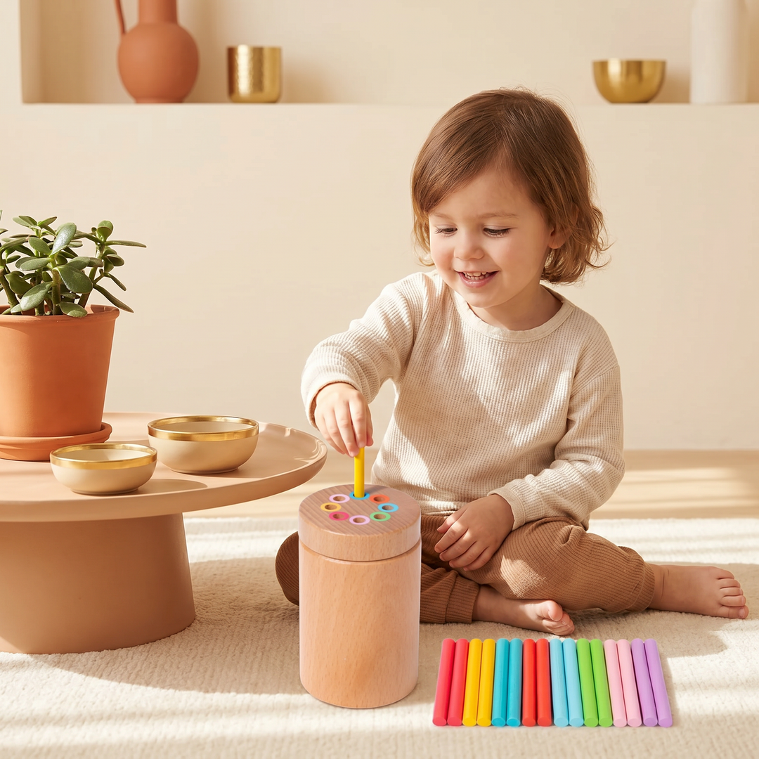 A young child matching rainbow sticks to the colored rings on the wooden canister