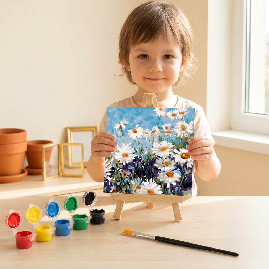 Child proudly holding their finished mini painting