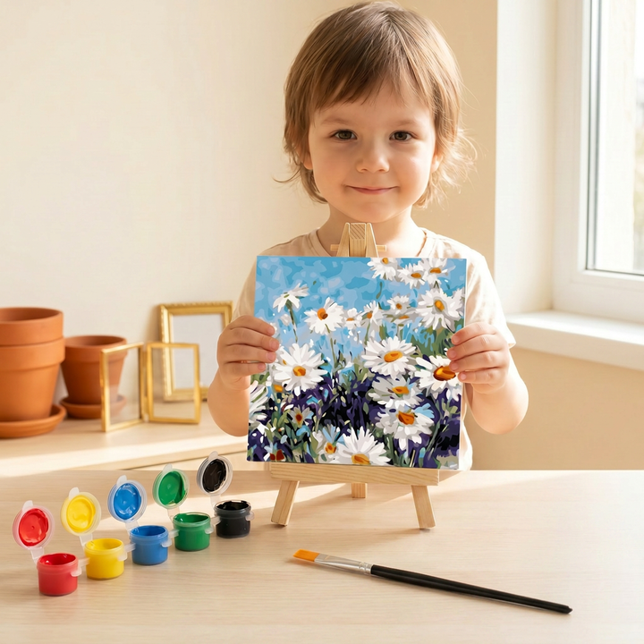 Child proudly holding their finished mini painting