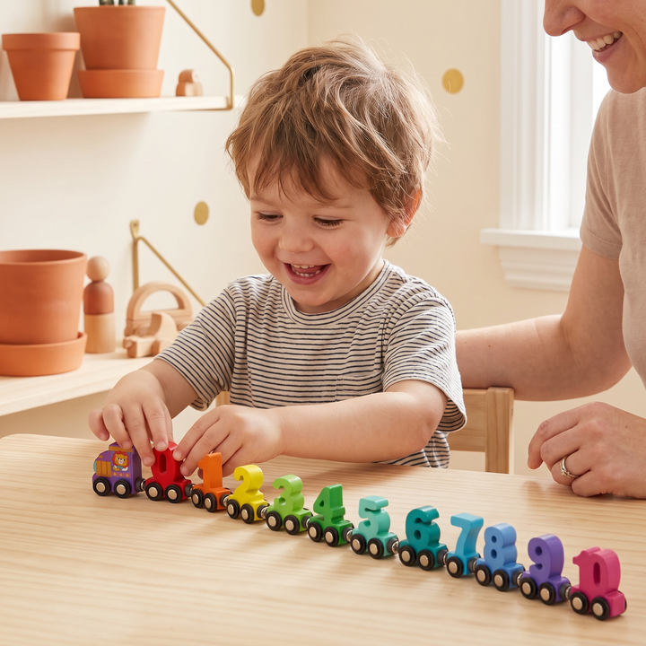 A young child building the wooden number train, clicking a colored car behind the lion engine