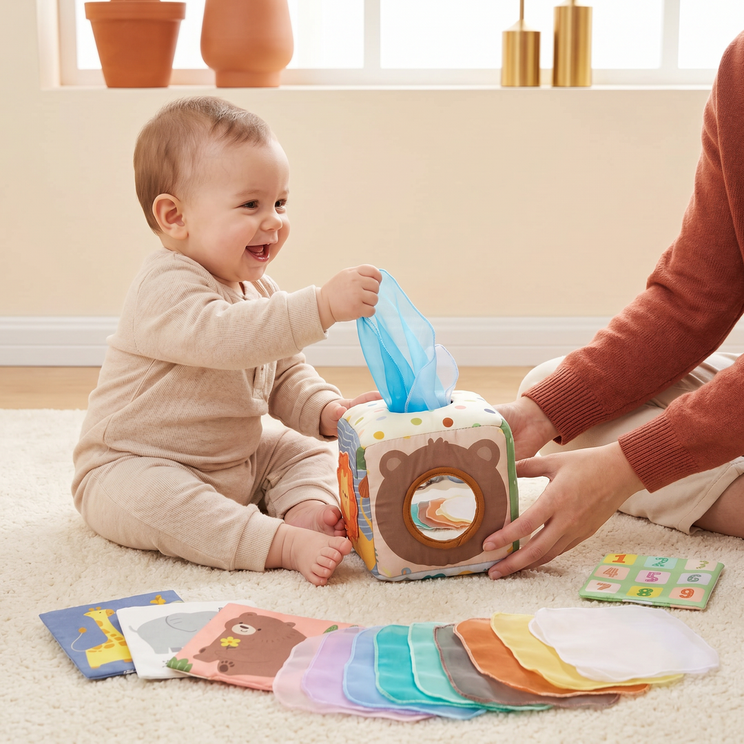 A baby pulling a sheer scarf from the soft fabric tissue-box cube
