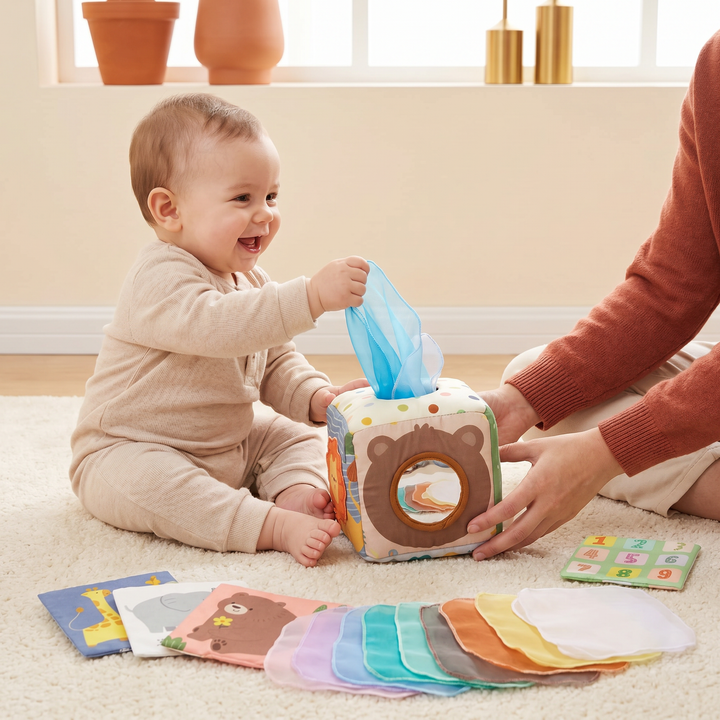 A baby pulling a sheer scarf from the soft fabric tissue-box cube