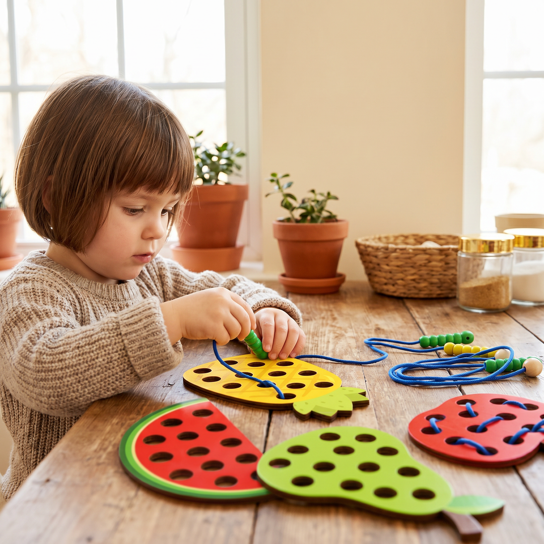 A young child lacing the wooden pineapple board, carefully threading the worm through a hole