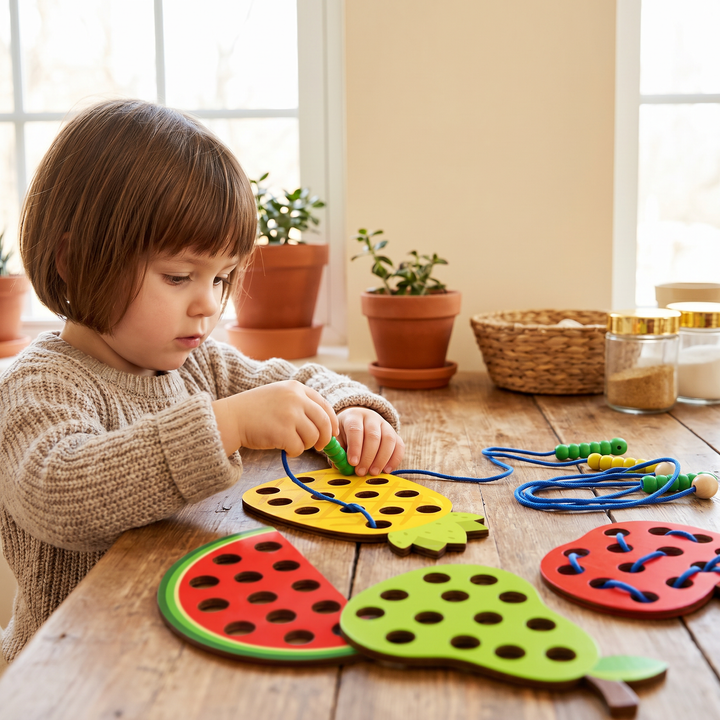 A young child lacing the wooden pineapple board, carefully threading the worm through a hole