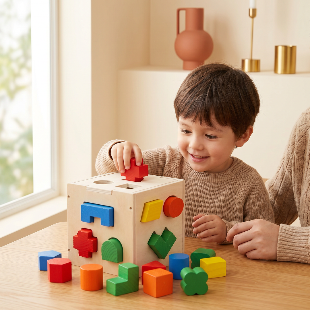 A young child playing with the wooden shape-sorter box, dropping a block through a hole