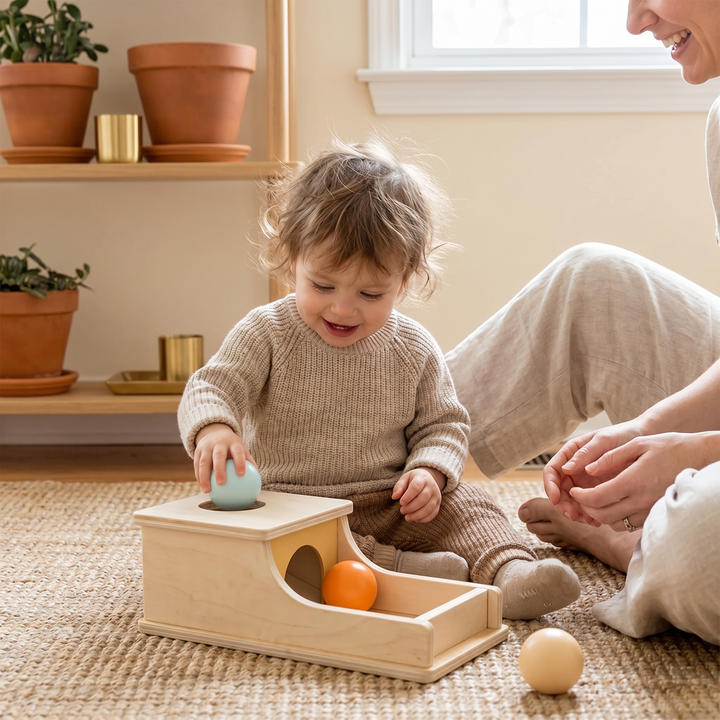 A toddler dropping a pastel ball into the wooden object permanence box