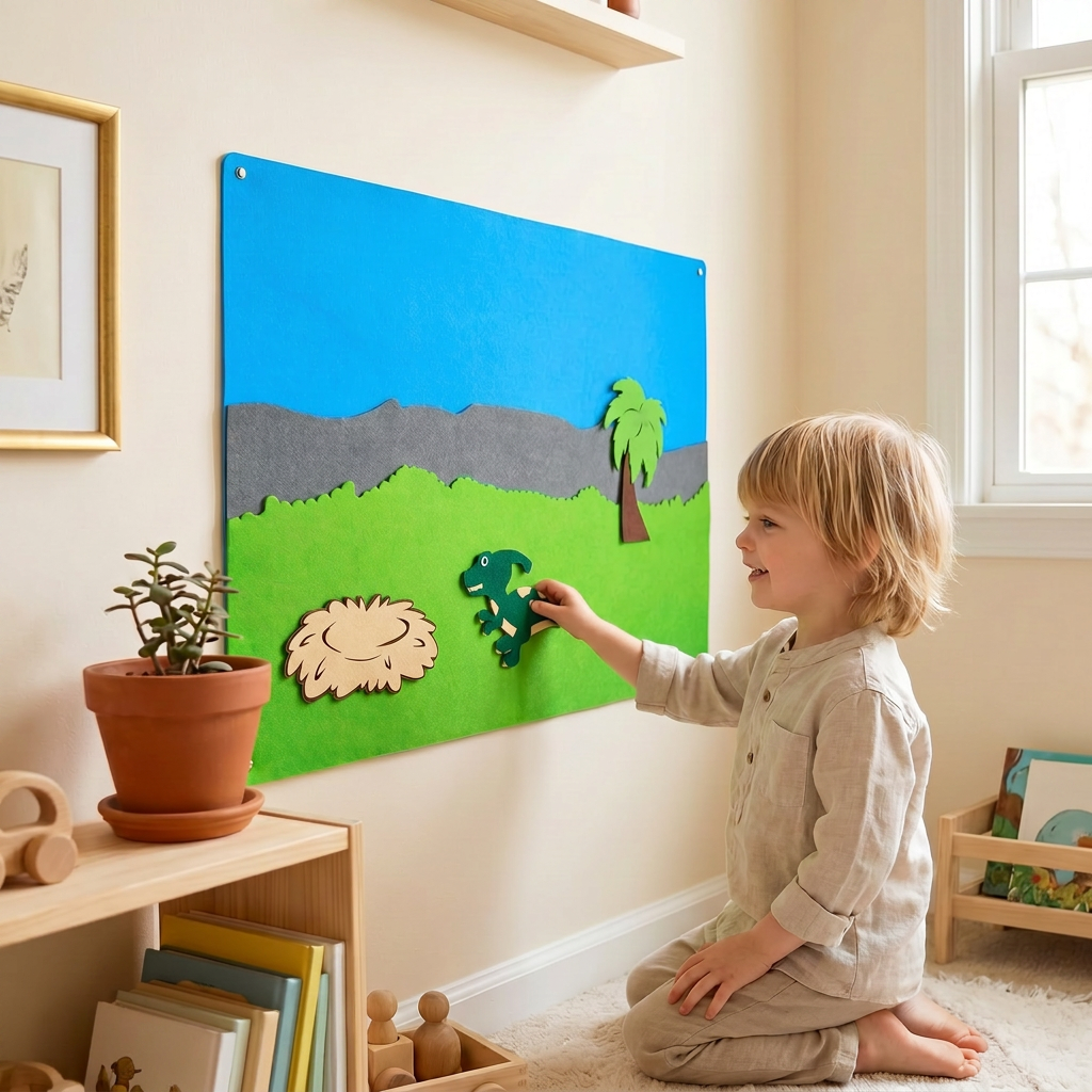 A young child building a scene on the felt story board, pressing a felt piece into place