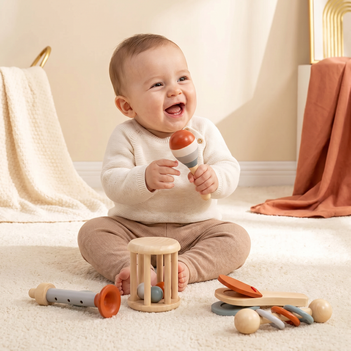 A happy baby shaking a wooden maraca from the music set