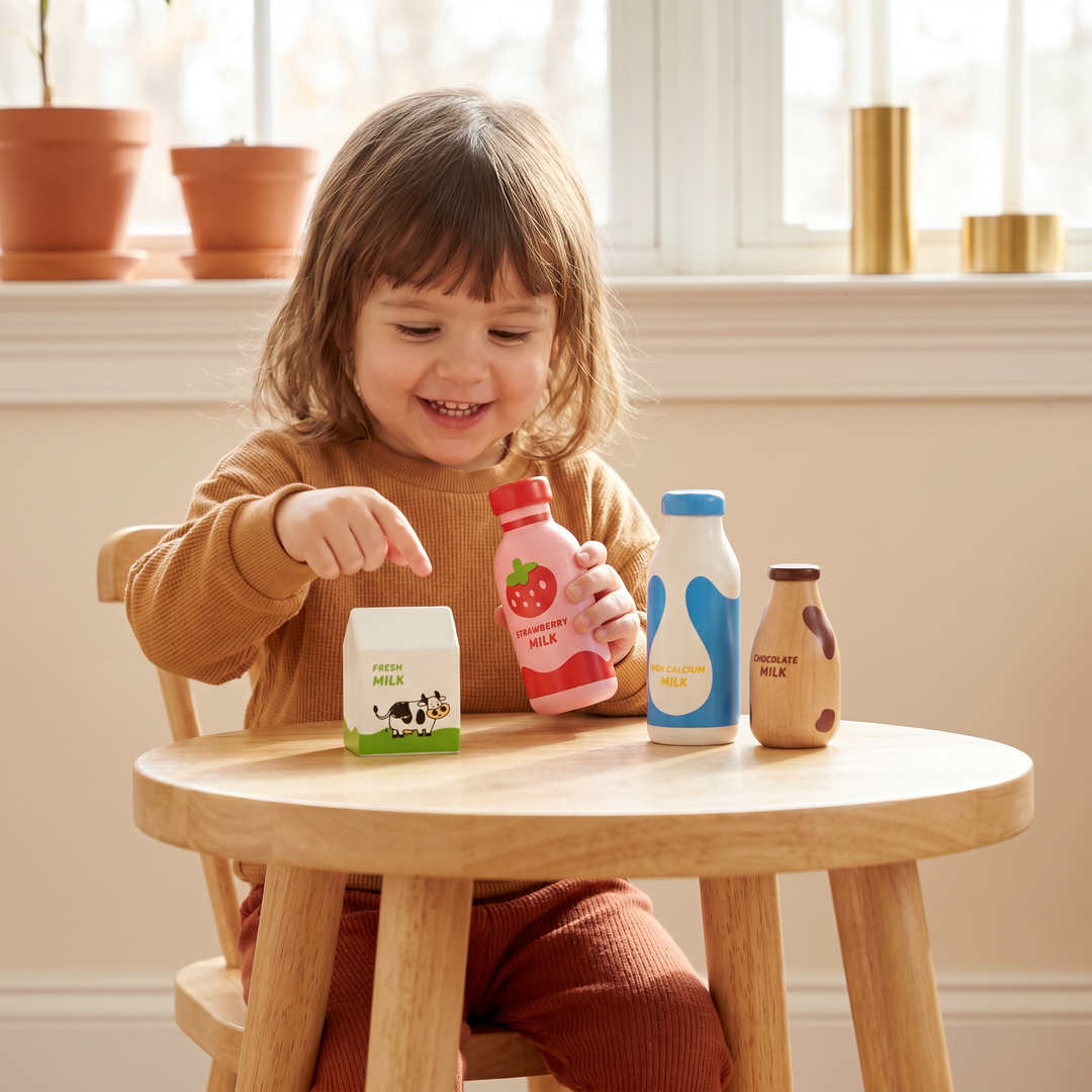 A toddler at a play table reaching for the wooden fresh milk carton beside the three milk bottles